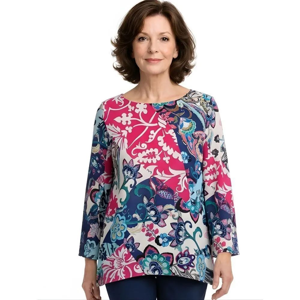 Chico's Bright Floral Split Bell Sleeve Chiffon Blouse Size 2/L